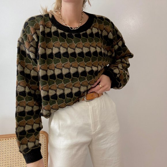 Vintage Sweaters - Vintage Patterned Chunky Knit Pullover Sweater